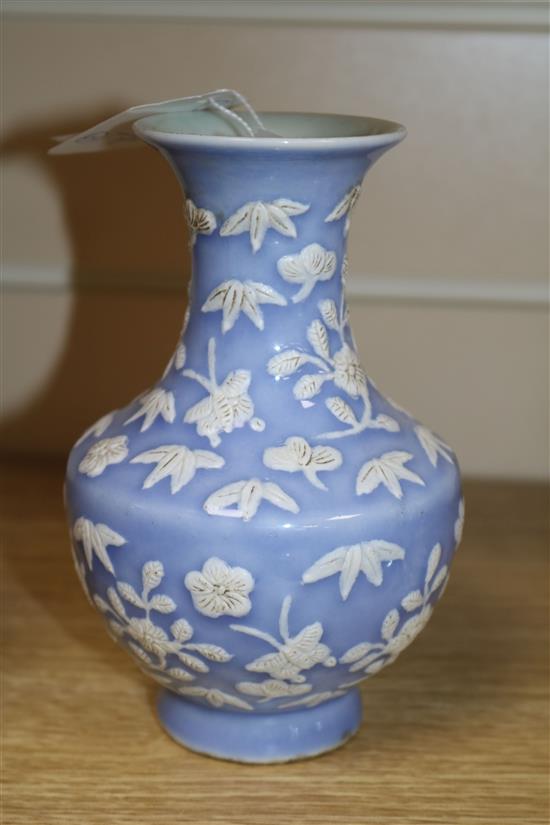 A Chinese ink box and cover and two small vases tallest 15cm
